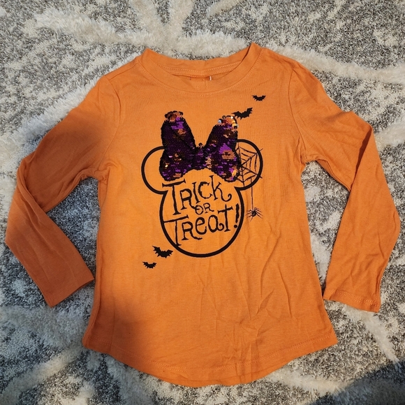 Disney Halloween Orange Long Sleeve Tee T-Shirt Minnie Mouse Sequin Bow Girls XS - Picture 2 of 8